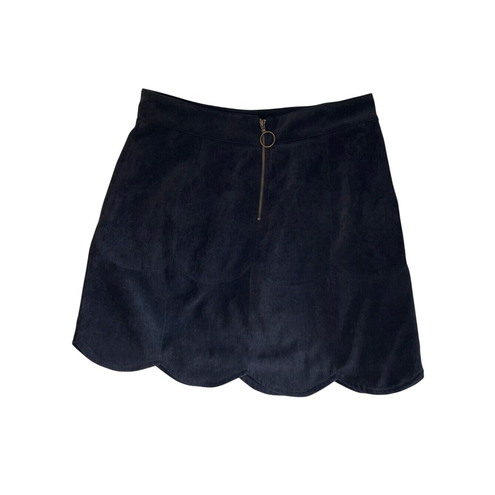 Black Corduroy Mini Skirt M Scalloped Hem O Ring Zip Y2K Dark Academia Preppy